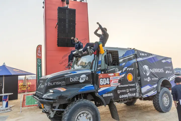 Dakar Rally 2026: Crew members celebrating on top of NORDIS truck