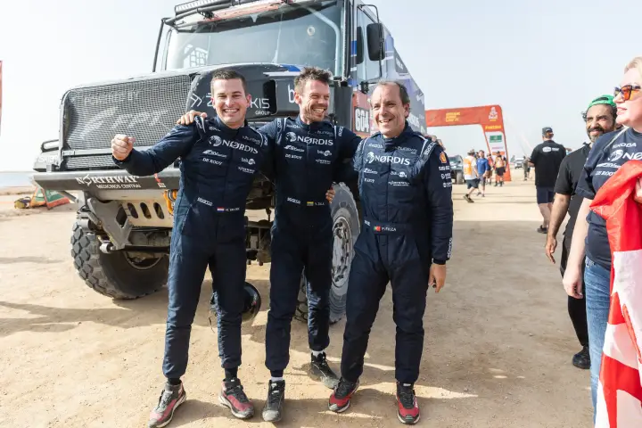 Dakar Rally 2026: NORDIS winning trio posing at finish area